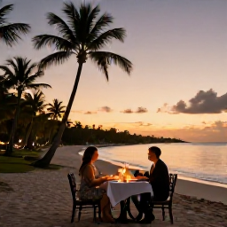 Caribbean Holidays, Barbados Luxury February, Romantic candlelit dinner on a Barbados beach at sunset with palm trees and calm waves