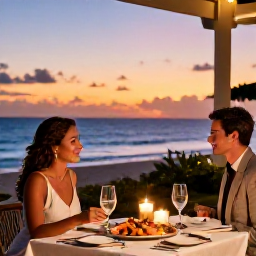 Caribbean Holidays, Barbados Luxury Holidays, A couple enjoying a gourmet dinner at a stylish beachfront restaurant in Barbados, with candles, fresh seafood and a sunset sea view