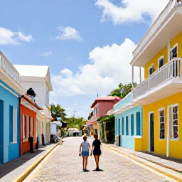 Caribbean Holidays, Barbados Luxury Holidays, A couple exploring the colourful streets and historic architecture of Bridgetown, Barbados, on a sunny February day