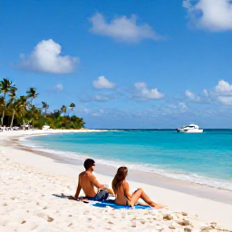 Caribbean Holidays, Barbados Luxury Holidays, A couple relaxing on a quiet white-sand beach in Barbados, with turquoise water, palm trees and a luxury boat in the distance