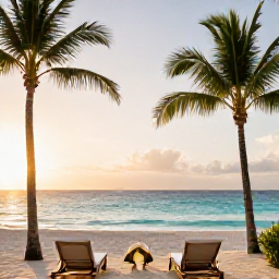 Caribbean Holidays, Barbados Luxury Holidays, A luxurious beachfront hotel in Barbados at sunrise, with palm trees, calm turquoise sea and elegant sun loungers