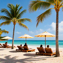 Caribbean Holidays, Barbados Luxury Holidays, A luxury Barbados beach resort with guests enjoying sunshine, palm trees and a calm Caribbean sea during November