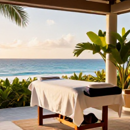 Caribbean Holidays, Barbados Luxury Holidays, A tranquil luxury spa beside the sea in Barbados, with a massage table, tropical plants and soft afternoon light