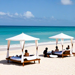 Caribbean Holidays, Barbados Luxury Holidays, An elegant Barbados beach resort with white sand, turquoise water, private cabanas and guests relaxing in the February sunshine