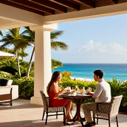 Caribbean Holidays, Barbados Luxury Holidays, An elegant Barbados resort terrace overlooking the Caribbean, with a couple enjoying breakfast, tropical plants and soft morning light