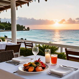 Caribbean Holidays, Barbados Luxury Holidays, Barbados luxury dining experience at a waterside restaurant, fresh seafood, elegant table setting and sunset ocean view