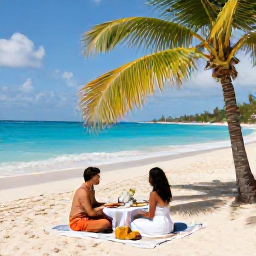 Caribbean Holidays, Barbados Luxury Holidays, Couple enjoying a private beach picnic on the west coast of Barbados with turquoise water, shaded palms and elegant table setting