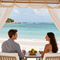 Caribbean Holidays, Barbados Luxury Holidays, Couple enjoying a private cabana beside a calm Barbados beach, with fresh fruit and sparkling water