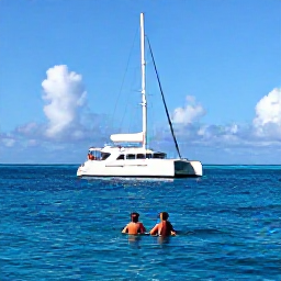 Caribbean Holidays, Barbados Luxury Holidays, Couple enjoying a private catamaran cruise along the Barbados coast, clear blue water, snorkelling and bright Caribbean sky