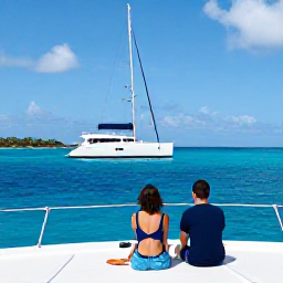 Caribbean Holidays, Barbados Luxury Holidays, Couple enjoying a private catamaran cruise along the Barbados coastline in July, with clear blue water and a relaxed luxury atmosphere