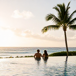 Caribbean Holidays, Barbados Luxury Holidays, Couple relaxing beside an infinity pool at a luxury Barbados resort during golden hour, with palm trees and ocean views