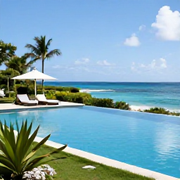 Caribbean Holidays, Barbados Luxury Holidays, Elegant Barbados hotel pool overlooking the Caribbean Sea, shaded cabanas, tropical gardens and calm blue water