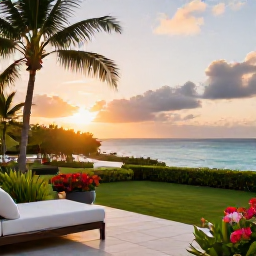 Caribbean Holidays, Barbados Luxury Holidays, Elegant Barbados hotel terrace at sunset, overlooking a tropical garden and the Caribbean Sea