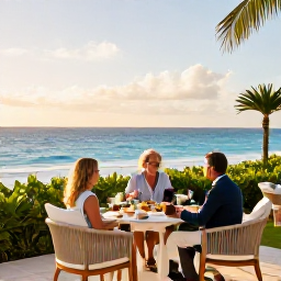 Caribbean Holidays, Barbados Luxury Holidays, Elegant Barbados hotel terrace overlooking the Caribbean Sea, with a couple enjoying breakfast in warm morning light