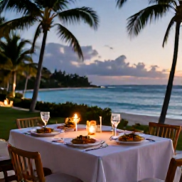 Caribbean Holidays, Barbados Luxury Holidays, Elegant beachfront dinner in Barbados at dusk, with tropical dishes, candles and the Caribbean Sea in the background