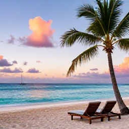 Caribbean Holidays, Barbados Luxury Holidays, Elegant beachfront luxury resort in Barbados at sunset, palm trees, calm turquoise sea and comfortable loungers
