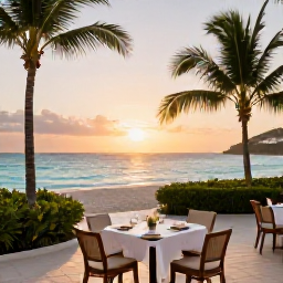 Caribbean Holidays, Barbados Luxury Holidays, Elegant beachfront luxury resort in Barbados at sunset, palm trees, calm turquoise sea and refined outdoor dining