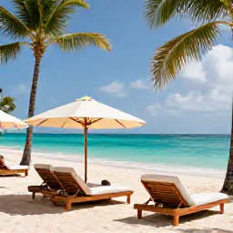 Caribbean Holidays, Barbados Luxury Holidays, Elegant luxury resort on a sunny Barbados beach in July, with turquoise sea, palm trees and stylish loungers