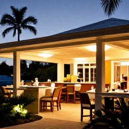Caribbean Holidays, Barbados Luxury Holidays, Elegant outdoor restaurant in Barbados serving fresh seafood at dusk, warm lighting and tropical planting