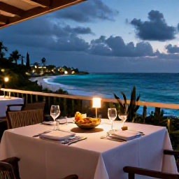 Caribbean Holidays, Barbados Luxury Holidays, Fine dining table on a Barbados terrace at night, with island cuisine, candles and views of the sea
