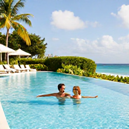 Caribbean Holidays, Barbados Luxury Holidays, Happy couple relaxing beside an infinity pool at a luxury Barbados resort in July, with tropical gardens and a bright Caribbean sky