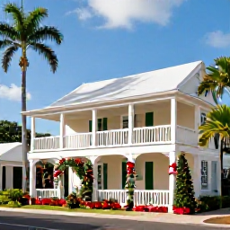 Caribbean Holidays, Barbados Luxury Holidays, Historic Bridgetown street and plantation house in Barbados decorated for the Christmas season, tropical greenery and clear blue sky