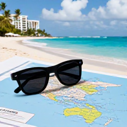 Caribbean Holidays, Barbados Luxury Holidays, Luxury Barbados holiday planning scene with a map, sunglasses and resort view beside a tropical beach