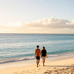 Caribbean Holidays, Barbados Luxury Holidays, Luxury Barbados holiday scene with couple walking along a quiet beach, clear Caribbean water and golden morning light