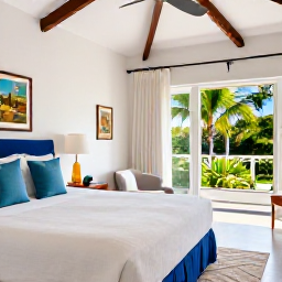 Caribbean Holidays, Barbados Luxury Holidays, Luxury Barbados hotel bedroom with white linen, natural light, tropical garden views and stylish Caribbean furnishings