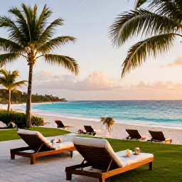 Caribbean Holidays, Barbados Luxury Holidays, Luxury beachfront resort in Barbados at golden hour, turquoise sea, palm trees and elegant loungers