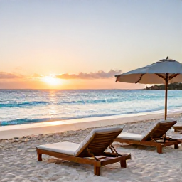 Caribbean Holidays, Barbados Luxury Holidays, Luxury beachfront resort in Barbados at sunrise, with calm turquoise sea, white sand and elegant loungers