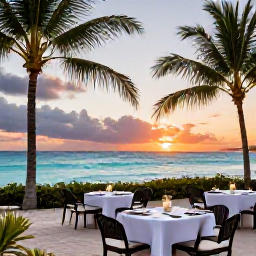 Caribbean Holidays, Barbados Luxury Holidays, Luxury beachfront resort in Barbados at sunset during December, palm trees, calm turquoise sea and elegant outdoor dining