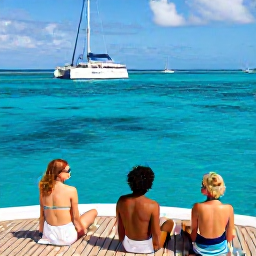 Caribbean Holidays, Barbados Luxury Holidays, Luxury catamaran sailing along the Barbados coastline in December, guests relaxing on deck, snorkelling in clear turquoise water
