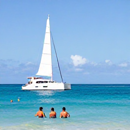 Caribbean Holidays, Barbados Luxury Holidays, Luxury catamaran sailing beside the Barbados coastline, with guests swimming in clear blue water under a sunny sky