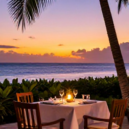 Caribbean Holidays, Barbados Luxury Holidays, Romantic Barbados sunset dinner beside the sea, softly lit table, tropical foliage and peaceful Caribbean horizon