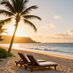 Caribbean Holidays, Barbados Luxury Holidays, Tranquil Barbados beach at dawn with luxury sun loungers, gentle waves, palm trees and warm golden light