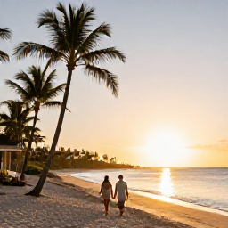 Caribbean Holidays, Barbados Luxury January, Couple walking through a quiet Barbados beach at sunset, golden light, palm trees and calm Caribbean sea