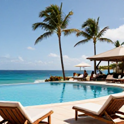 Caribbean Holidays, Barbados Luxury January, Elegant Barbados hotel terrace with infinity pool, palm trees, ocean views and guests enjoying a relaxed sunny afternoon