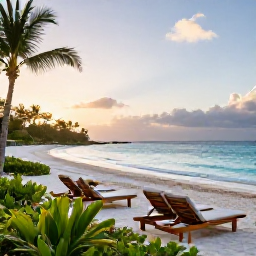 Caribbean Holidays, Barbados Luxury January, Luxury beachfront resort in Barbados at sunrise, calm turquoise sea, white sand, elegant loungers and lush tropical gardens
