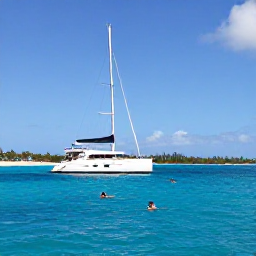 Caribbean Holidays, Barbados Luxury January, Luxury catamaran sailing along the Barbados coast, snorkellers in clear blue water, bright sky and tropical shoreline