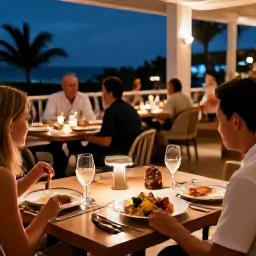 Caribbean Holidays, Barbados Luxury January, Stylish Barbados restaurant at evening, beautifully presented Caribbean seafood, warm lighting and relaxed diners