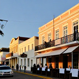 Caribbean Holidays, Barbados Luxury March, Colourful Bridgetown street with historic Caribbean buildings, a stylish restaurant and visitors exploring in warm afternoon sunshine