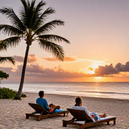 Caribbean Holidays, Barbados Luxury March, Couple relaxing on a private Barbados beach at sunset, with elegant loungers, palms and a glowing Caribbean horizon