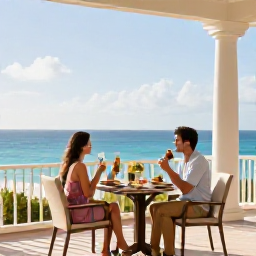 Caribbean Holidays, Barbados Luxury March, Elegant Barbados hotel terrace overlooking the Caribbean Sea, with a couple enjoying breakfast in the morning light