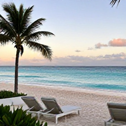 Caribbean Holidays, Barbados Luxury March, Luxury beachfront resort in Barbados at sunrise, with calm turquoise sea, white sand and elegant loungers