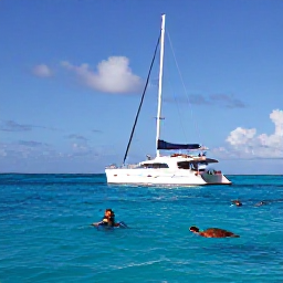Caribbean Holidays, Barbados Luxury March, Luxury catamaran sailing along the west coast of Barbados in clear blue water, with snorkellers near a sea turtle