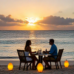 Caribbean Holidays, Barbados Luxury May, Barbados sunset over the Caribbean Sea, luxury dining table on a beach, lanterns and couple enjoying evening