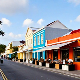 Caribbean Holidays, Barbados Luxury May, Colourful Bridgetown street and historic Barbados buildings, local market, rum shop and visitors exploring in warm daylight