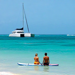 Caribbean Holidays, Barbados Luxury May, Couple swimming in calm turquoise water at Carlisle Bay Barbados, paddleboard and luxury catamaran in the distance