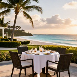 Caribbean Holidays, Barbados Luxury May, Elegant Barbados hotel terrace with ocean view, breakfast table, tropical garden and soft morning sunlight